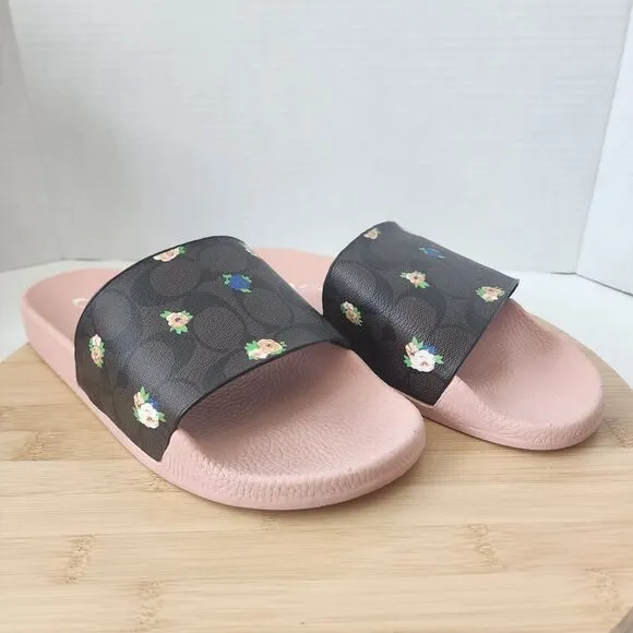 Coach ULI Flora Slides Womens Sz 9B Monogram Signature C7675 Coated Canvas 2021