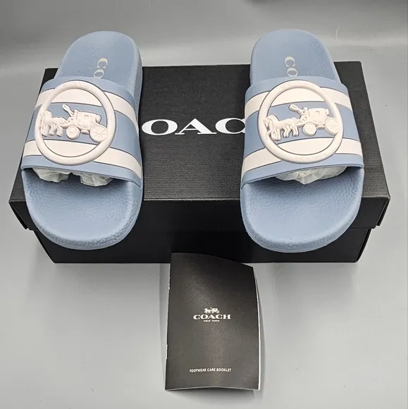 COACH ULI SPORT SLIDE WITH HORSE CARRIAGE CORNFLOWER CHALK WOMEN'S SIZE 5