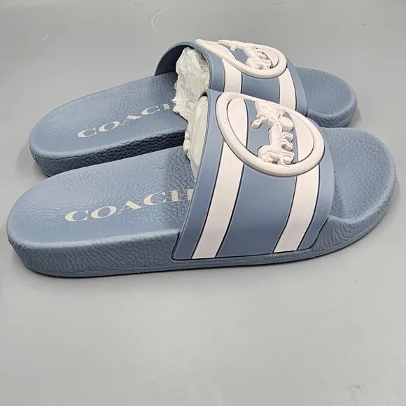COACH ULI SPORT SLIDE WITH HORSE CARRIAGE CORNFLOWER CHALK WOMEN'S SIZE 5