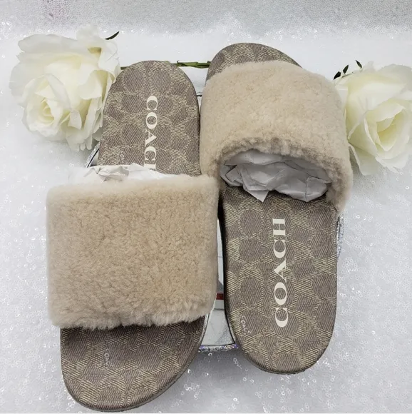 Coach Ulla Sherling Slides Casual Slip On Ivory Ladies sz 10