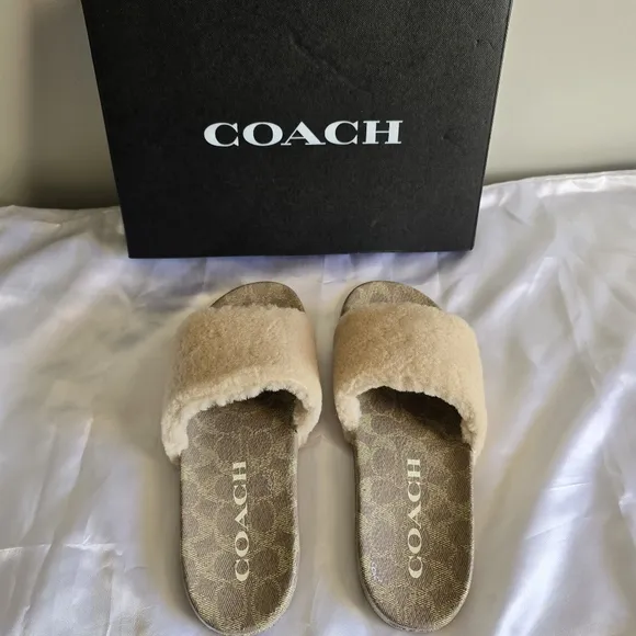 Coach Ulla Sherling Slides Casual Slip On Ivory Ladies sz 10