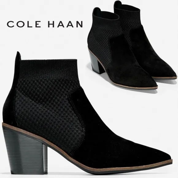 Cole Haan Maggie Bootie Black Suede Leather Fashion Boots Pointed Toe Block Heel