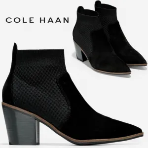 Cole Haan Maggie Bootie Black Suede Leather Fashion Boots Pointed Toe Block Heel
