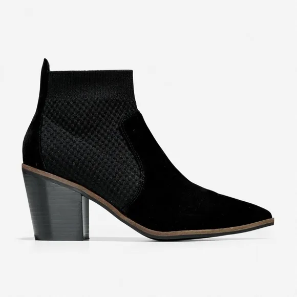 Cole Haan Maggie Bootie Black Suede Leather Fashion Boots Pointed Toe Block Heel