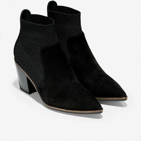 Cole Haan Maggie Bootie Black Suede Leather Fashion Boots Pointed Toe Block Heel