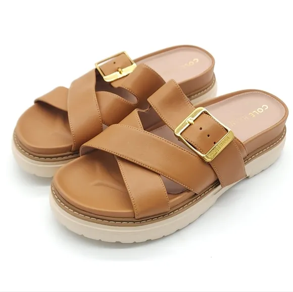 Cole Haan Women's Fraya Flats Platform Slide Adjustable Sandals Tan Size 6.5