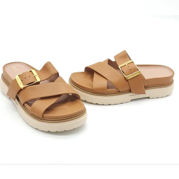 Cole Haan Women's Fraya Flats Platform Slide Adjustable Sandals Tan Size 6.5