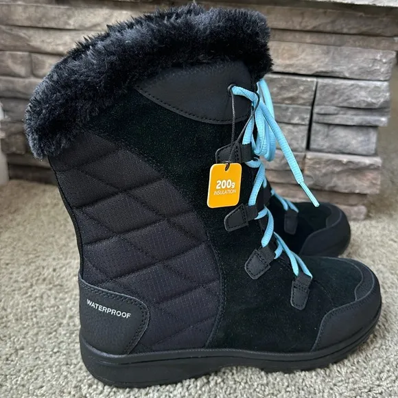 Columbia Snow Boots sz 9W Womens Ice Maiden II Black Oxygen Blue Laces 200g Cold