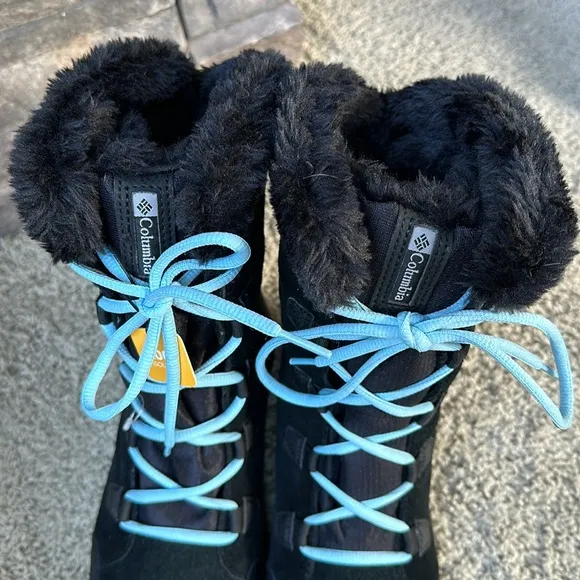 Columbia Snow Boots sz 9W Womens Ice Maiden II Black Oxygen Blue Laces 200g Cold