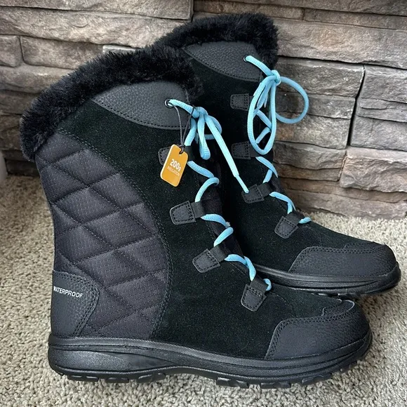 Columbia Snow Boots sz 9W Womens Ice Maiden II Black Oxygen Blue Laces 200g Cold