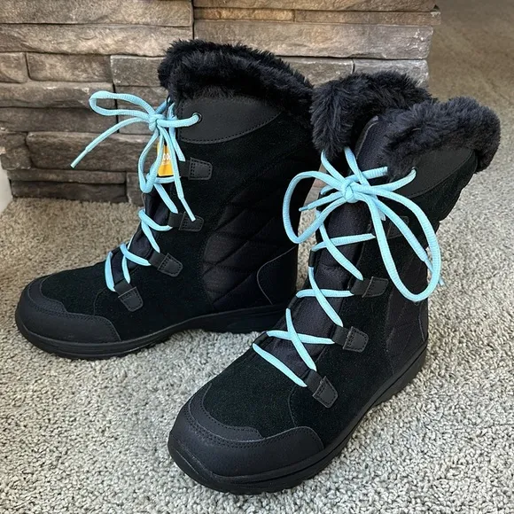 Columbia Snow Boots sz 9W Womens Ice Maiden II Black Oxygen Blue Laces 200g Cold