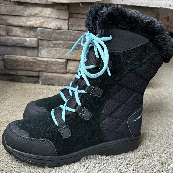 Columbia Snow Boots sz 9W Womens Ice Maiden II Black Oxygen Blue Laces 200g Cold