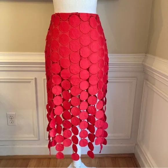 COMMENSE Red Circle Fringe Midi Skirt NWT