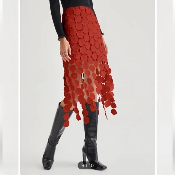 COMMENSE Red Circle Fringe Midi Skirt NWT