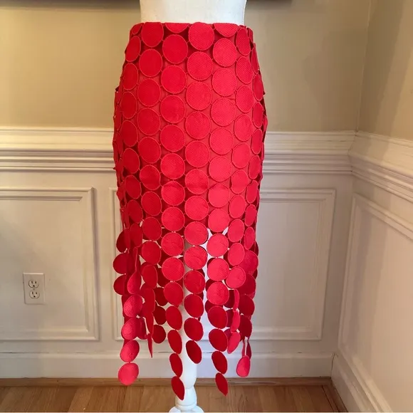 COMMENSE Red Circle Fringe Midi Skirt NWT