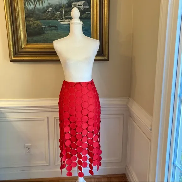 COMMENSE Red Circle Fringe Midi Skirt NWT