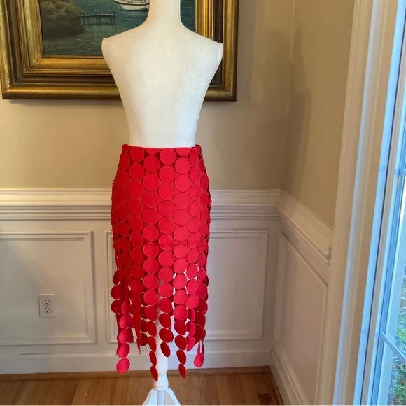 COMMENSE Red Circle Fringe Midi Skirt NWT