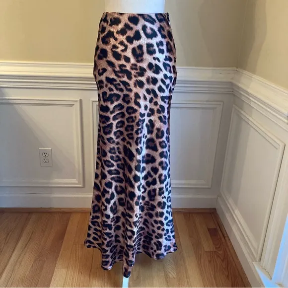 COMMENSE Satin Leopard Animal Print Slim Cut Maxi Skirt NWT