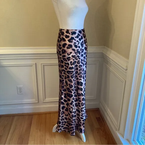 COMMENSE Satin Leopard Animal Print Slim Cut Maxi Skirt NWT