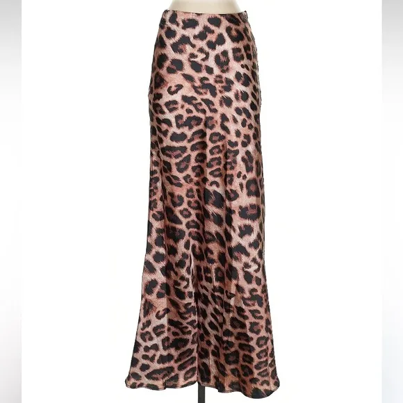 COMMENSE Satin Leopard Animal Print Slim Cut Maxi Skirt NWT