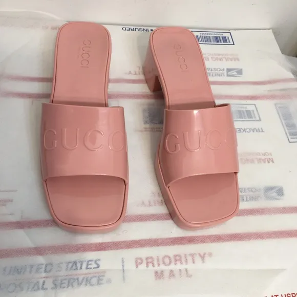 COPY - GUCCI Wild Rose Pink Rubber GG Logo Slides Heel Mules Sandals size 38.