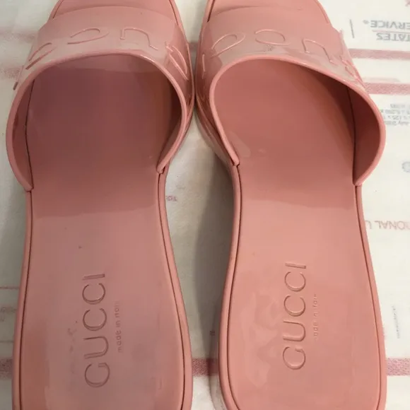 COPY - GUCCI Wild Rose Pink Rubber GG Logo Slides Heel Mules Sandals size 38.