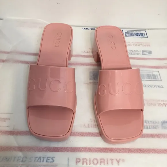 COPY - GUCCI Wild Rose Pink Rubber GG Logo Slides Heel Mules Sandals size 38.