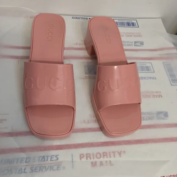 COPY - GUCCI Wild Rose Pink Rubber GG Logo Slides Heel Mules Sandals size 38.
