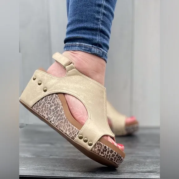 Corkys Footwear Carley Wedge Sandal Gold with Metallic Leopard Print wedge