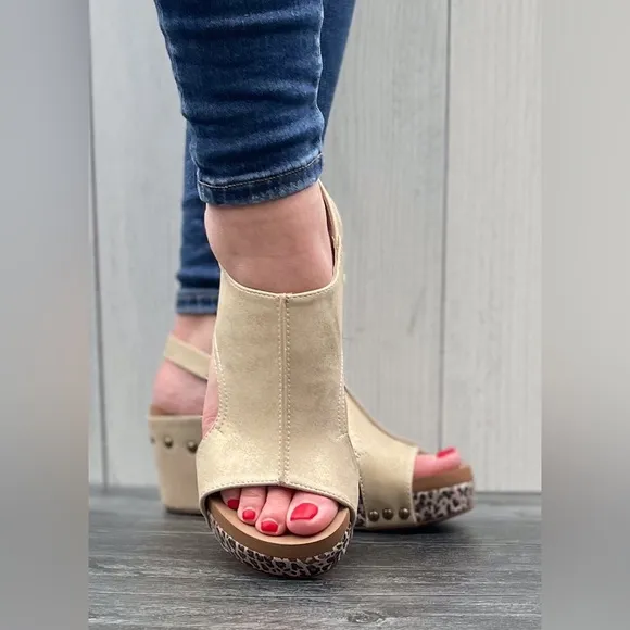 Corkys Footwear Carley Wedge Sandal Gold with Metallic Leopard Print wedge