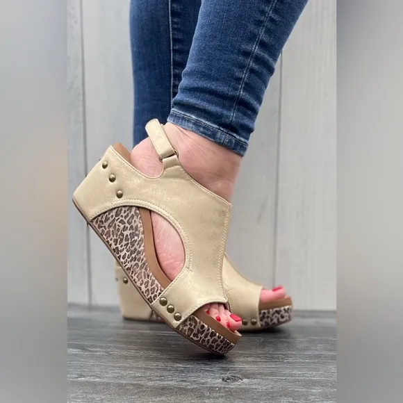 Corkys Footwear Carley Wedge Sandal Gold with Metallic Leopard Print wedge