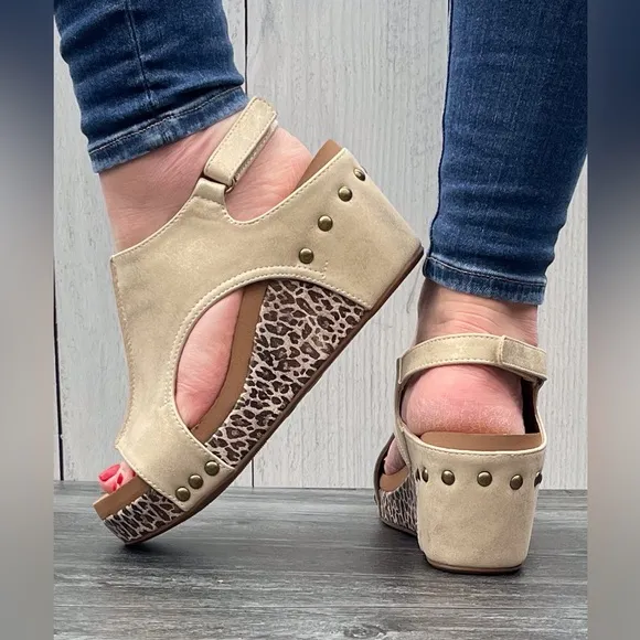 Corkys Footwear Carley Wedge Sandal Gold with Metallic Leopard Print wedge