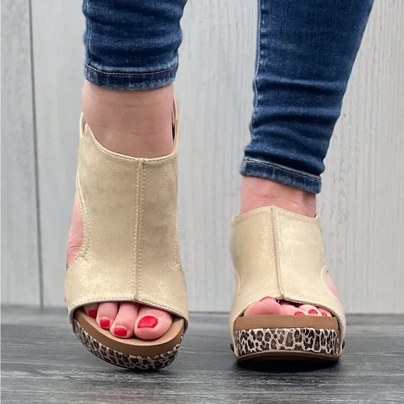 Corkys Footwear Carley Wedge Sandal Gold with Metallic Leopard Print wedge