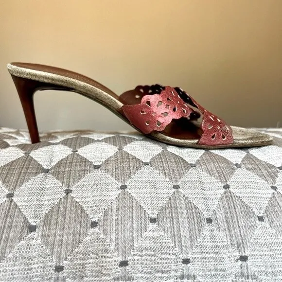 Couture by Donald J. Pliner Distressed Red Leather Heeled Slide Sandal Women 7.5