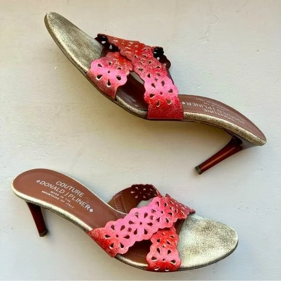 Couture by Donald J. Pliner Distressed Red Leather Heeled Slide Sandal Women 7.5