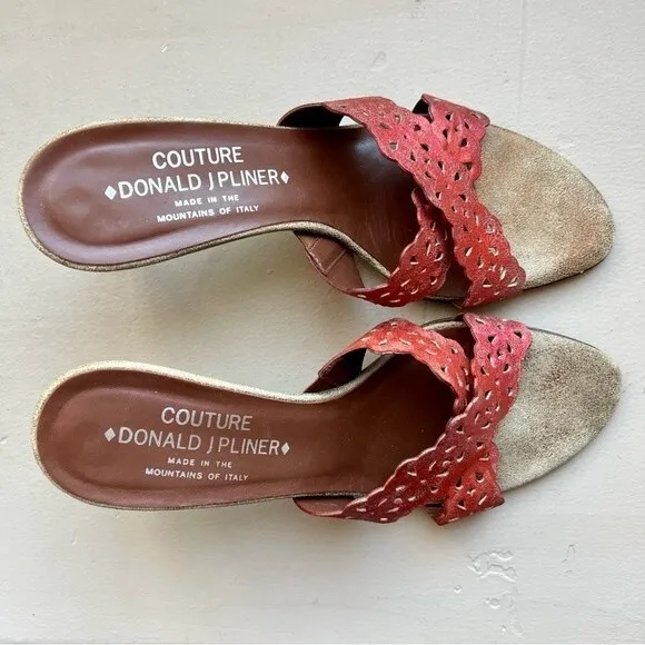 Couture by Donald J. Pliner Distressed Red Leather Heeled Slide Sandal Women 7.5