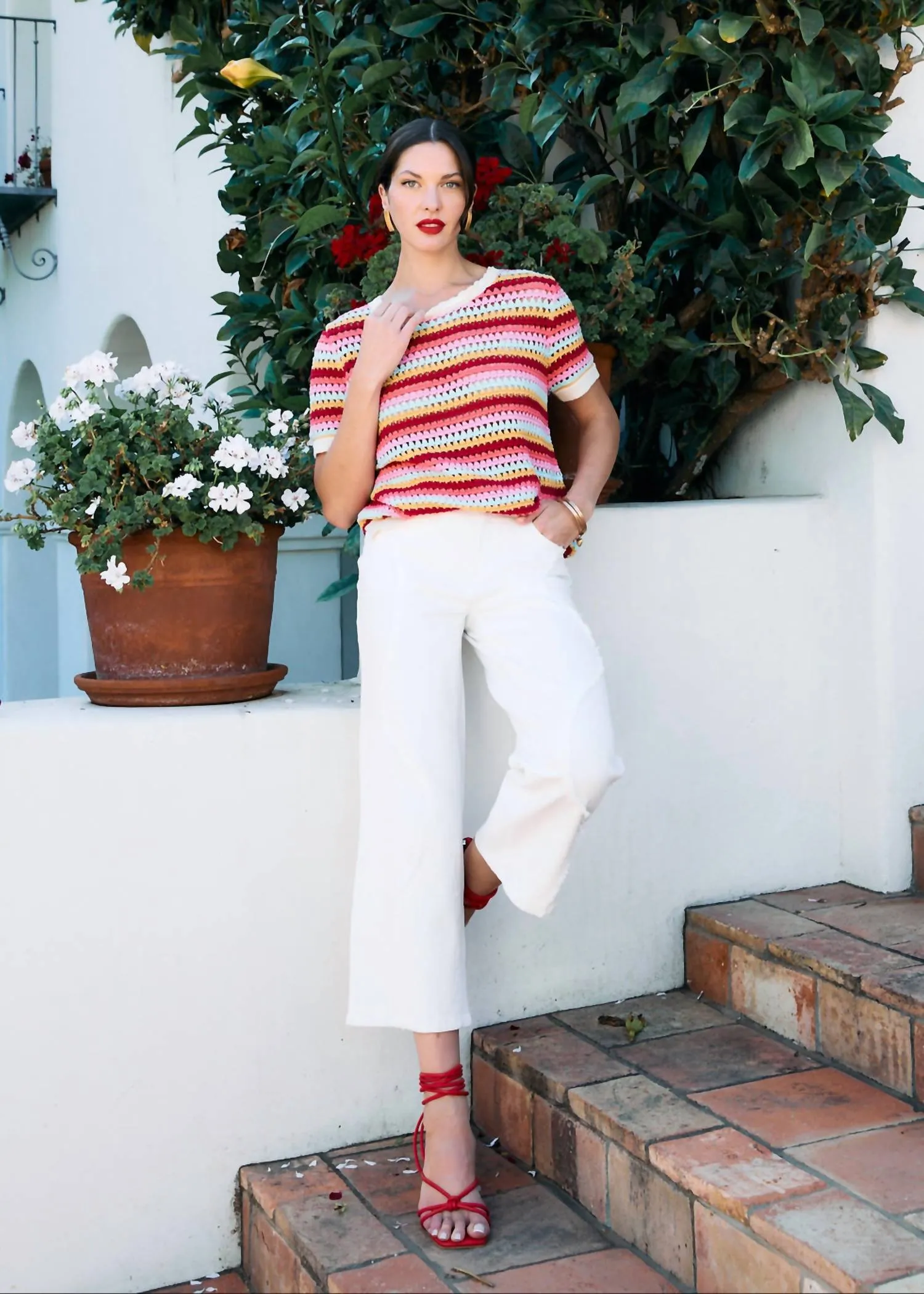 Crochet Knit Top In Multi Stripe