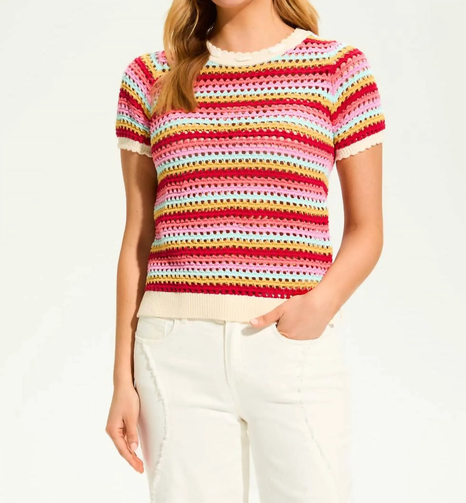 Crochet Knit Top In Multi Stripe