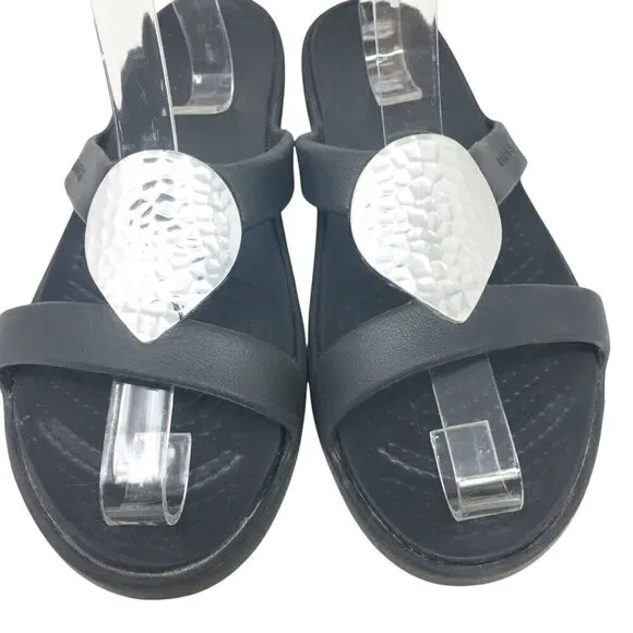Crocs Sanrah Hammered Teardrop Sandal Black Silver Casual Slides Women's Size 7