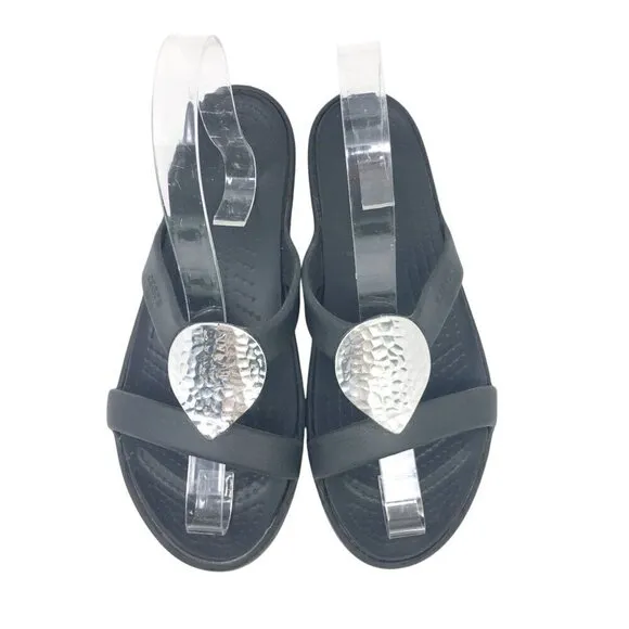 Crocs Sanrah Hammered Teardrop Sandal Black Silver Casual Slides Women's Size 7