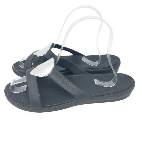 Crocs Sanrah Hammered Teardrop Sandal Black Silver Casual Slides Women's Size 7
