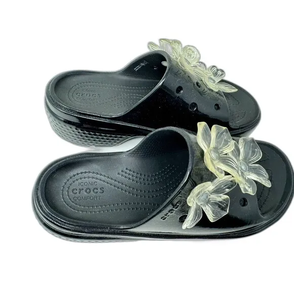 Crocs STOMP HYPER FLORAL HIGH SHINE SLIDE Black Unisex Size 8 W 6 M