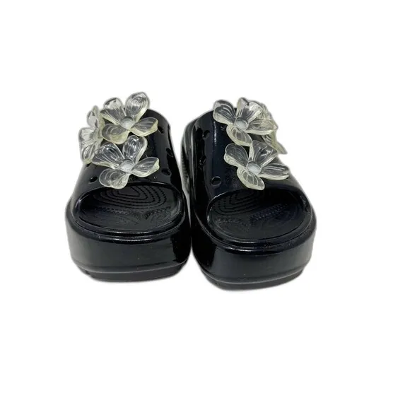 Crocs STOMP HYPER FLORAL HIGH SHINE SLIDE Black Unisex Size 8 W 6 M