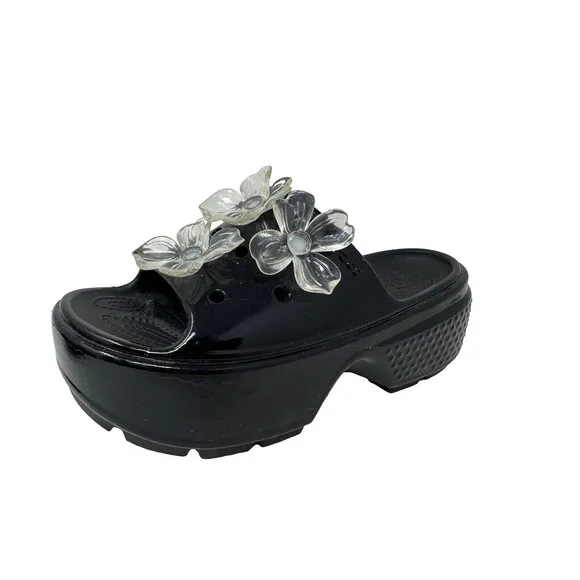 Crocs STOMP HYPER FLORAL HIGH SHINE SLIDE Black Unisex Size 8 W 6 M