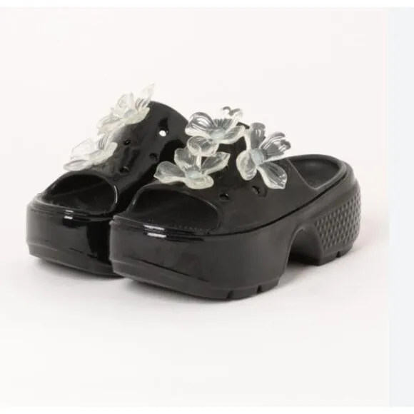 Crocs STOMP HYPER FLORAL HIGH SHINE SLIDE Black Unisex Size 8 W 6 M