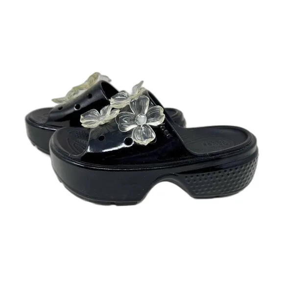 Crocs STOMP HYPER FLORAL HIGH SHINE SLIDE Black Unisex Size 8 W 6 M