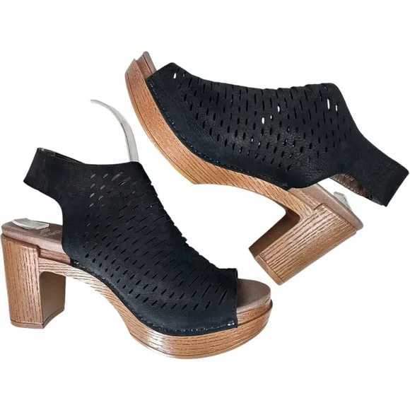 Dansko Danae Black Nubuck Leather Clog Mules Laser Cut Slingback Sandal,Size 6.5