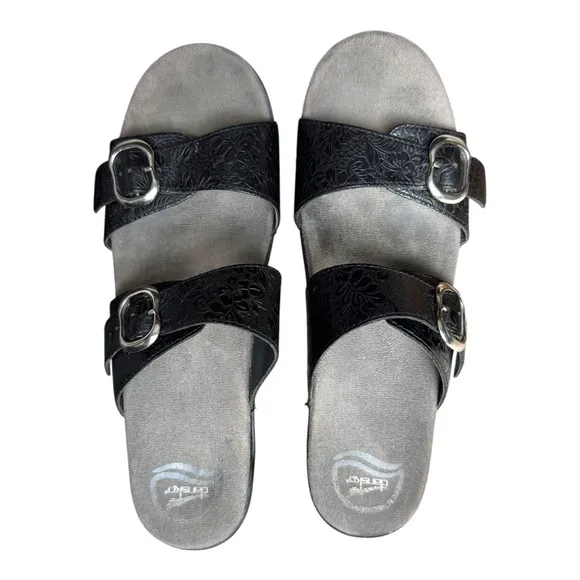 Dansko Embossed Black Leather Buckle Sandals Size 42
