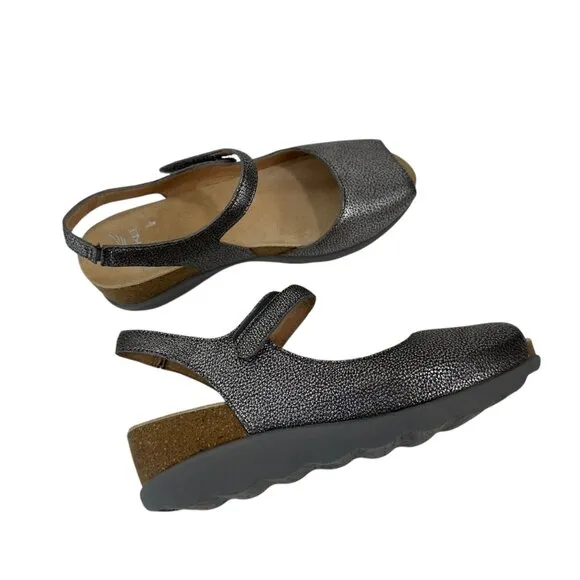 Dansko Women Peep Toe Slingback Sandals Metallic Leather Size 37 Comfort Wedge