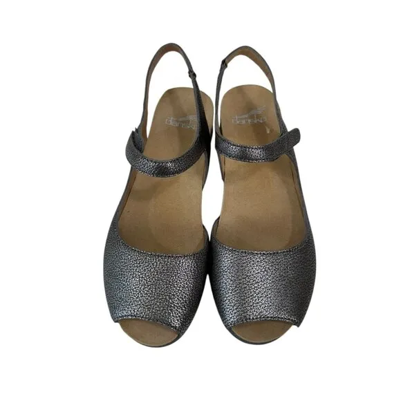 Dansko Women Peep Toe Slingback Sandals Metallic Leather Size 37 Comfort Wedge